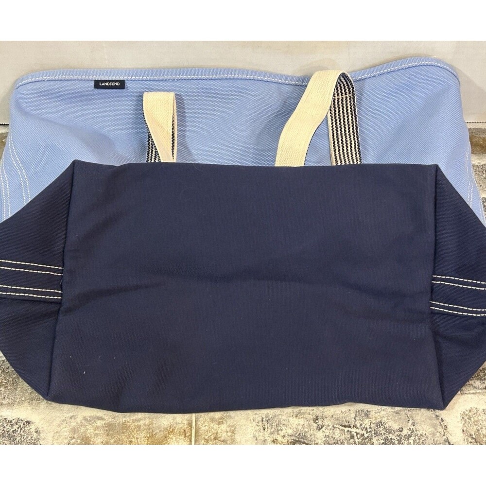 Lands' End Cotton Canvas Medium Tote Bag 5 Pockets Zip Closure Light Blue/Navy - Picture 4 of 12